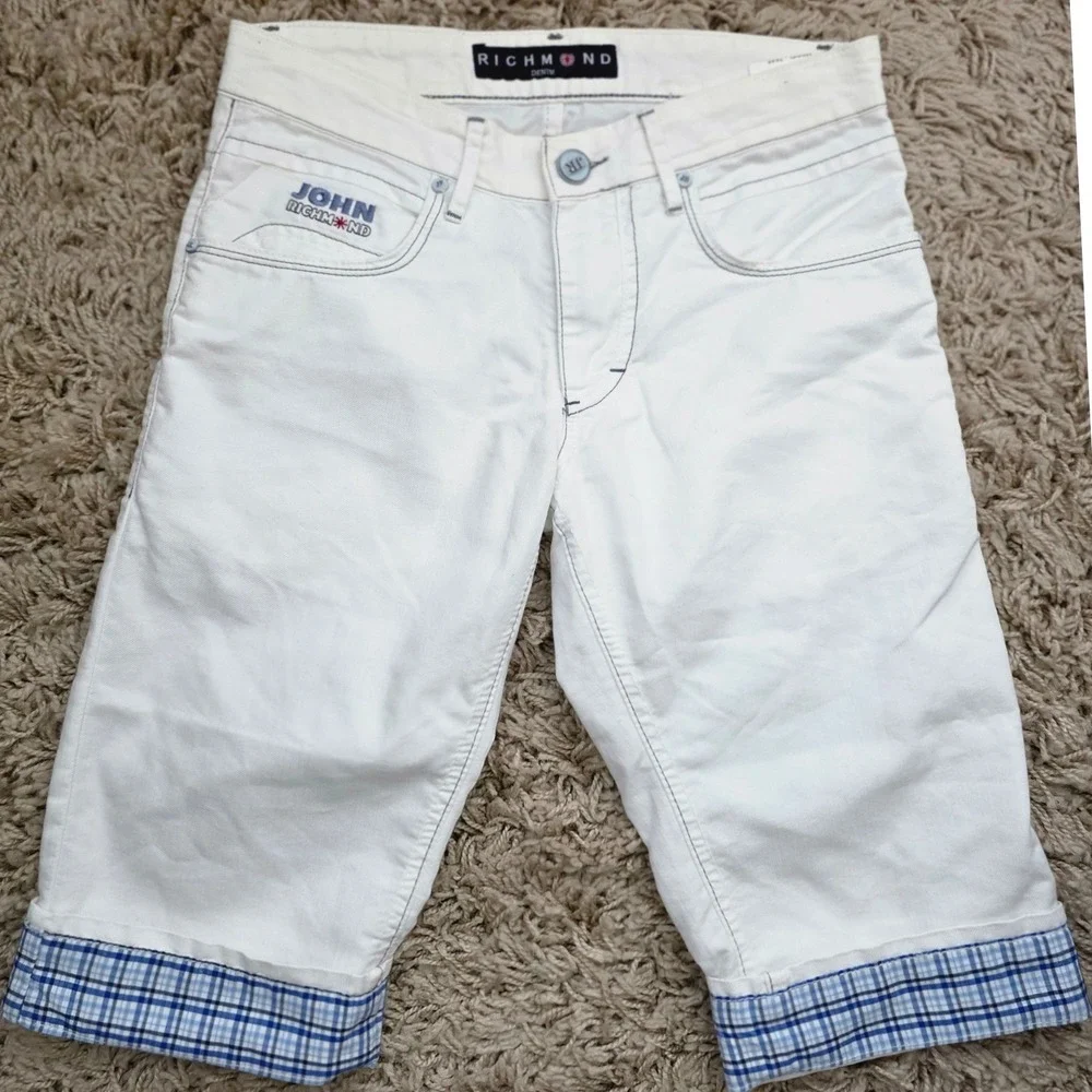 John Richmond White Women's Bermuda Shorts with Blue Plaid Cuffs